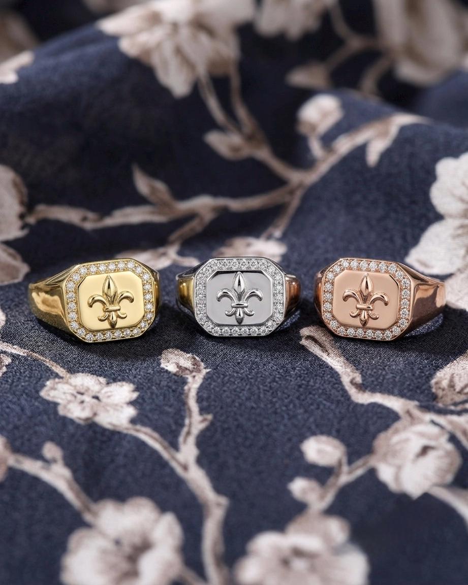 Fleur De Lis Signet Ring, Sterling Silver, Engraved Crest, Minimalist Statement, Unisex Jewelry