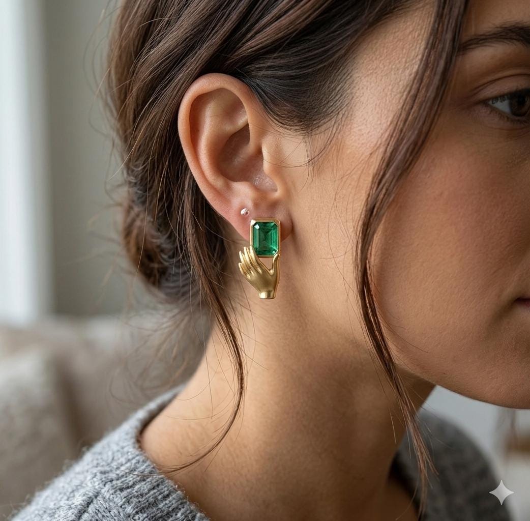 Gold Hand Earrings, Emerald Cut Green Stone Studs, Victorian Jewel Jewelry, Antique Inspired