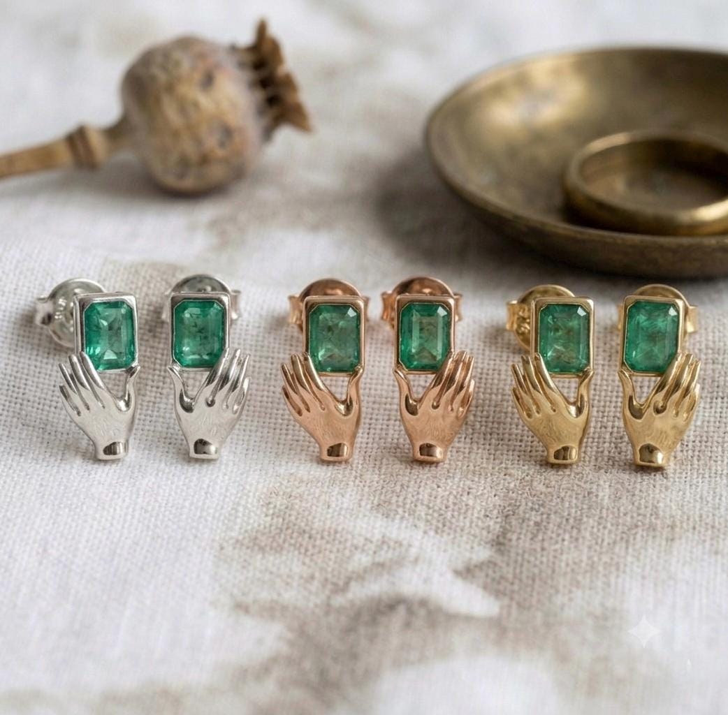 Gold Hand Earrings, Emerald Cut Green Stone Studs, Victorian Jewel Jewelry, Antique Inspired