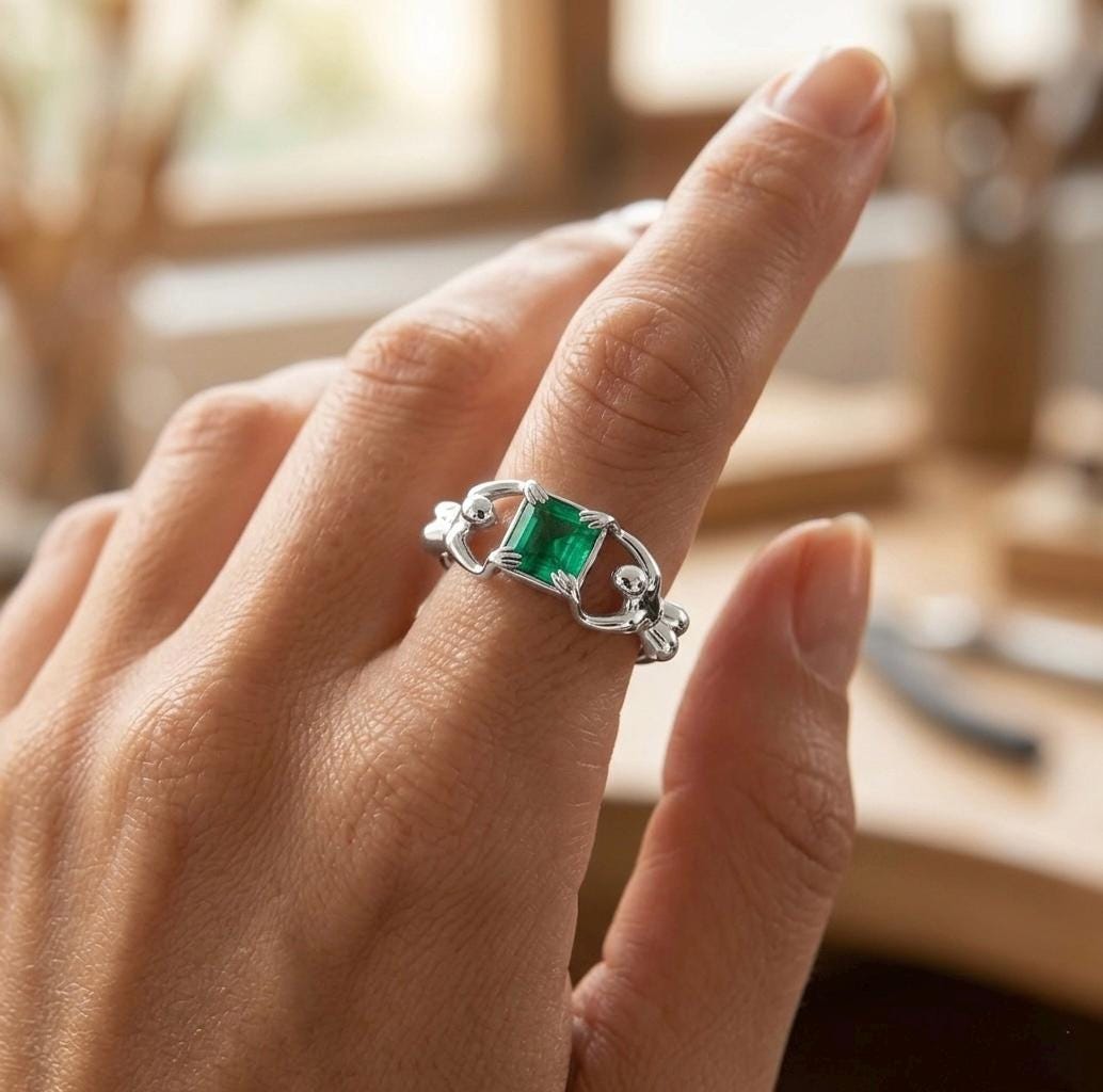 Silver Skeleton Emerald Ring, Gothic Hugging Gemstone, Alternative Engagement Band