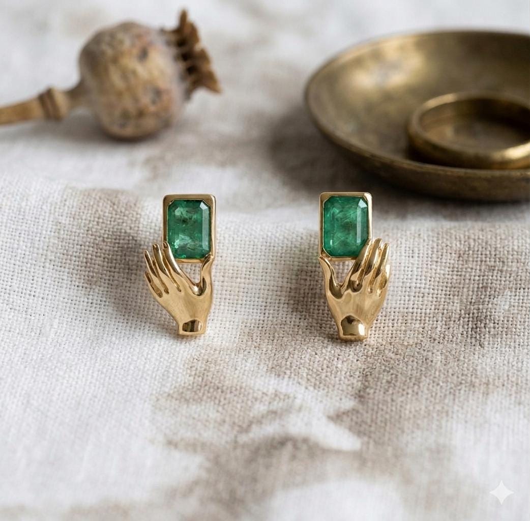 Gold Hand Earrings, Emerald Cut Green Stone Studs, Victorian Jewel Jewelry, Antique Inspired