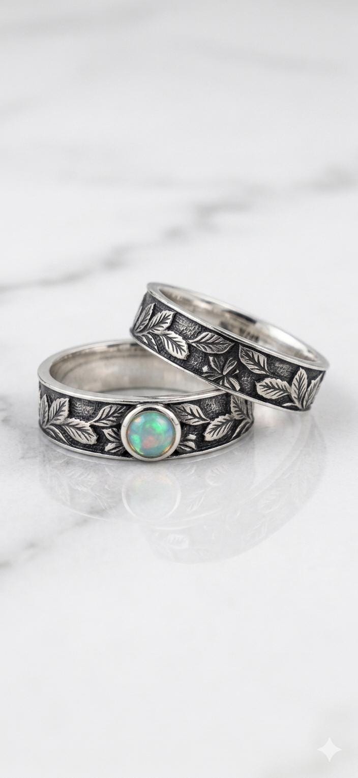 Vintage Leaf Engraved Opal Ring Set, Oxidized 925 Sterling Silver Botanical Band