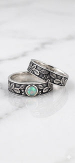 Vintage Leaf Engraved Opal Ring Set, Oxidized 925 Sterling Silver Botanical Band