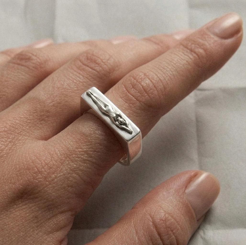 Sterling Silver Bar Ring, Modern Sculptural Detail, Unisex Statement Band