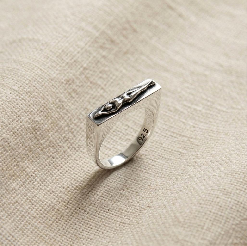 Sterling Silver Bar Ring, Modern Sculptural Detail, Unisex Statement Band