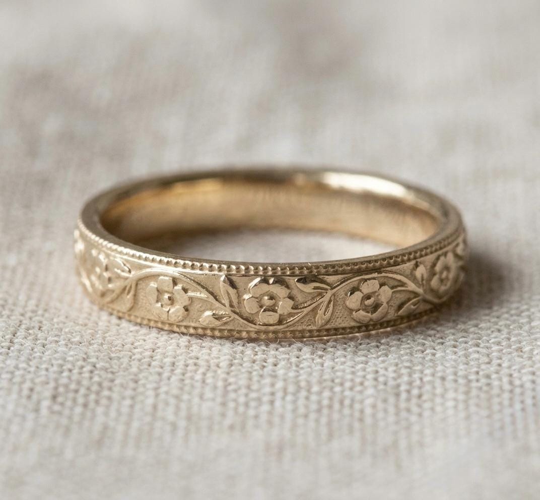 Vintage Floral Engraved Band, Gold Plated Sterling Silver, Minimalist Nature Ring