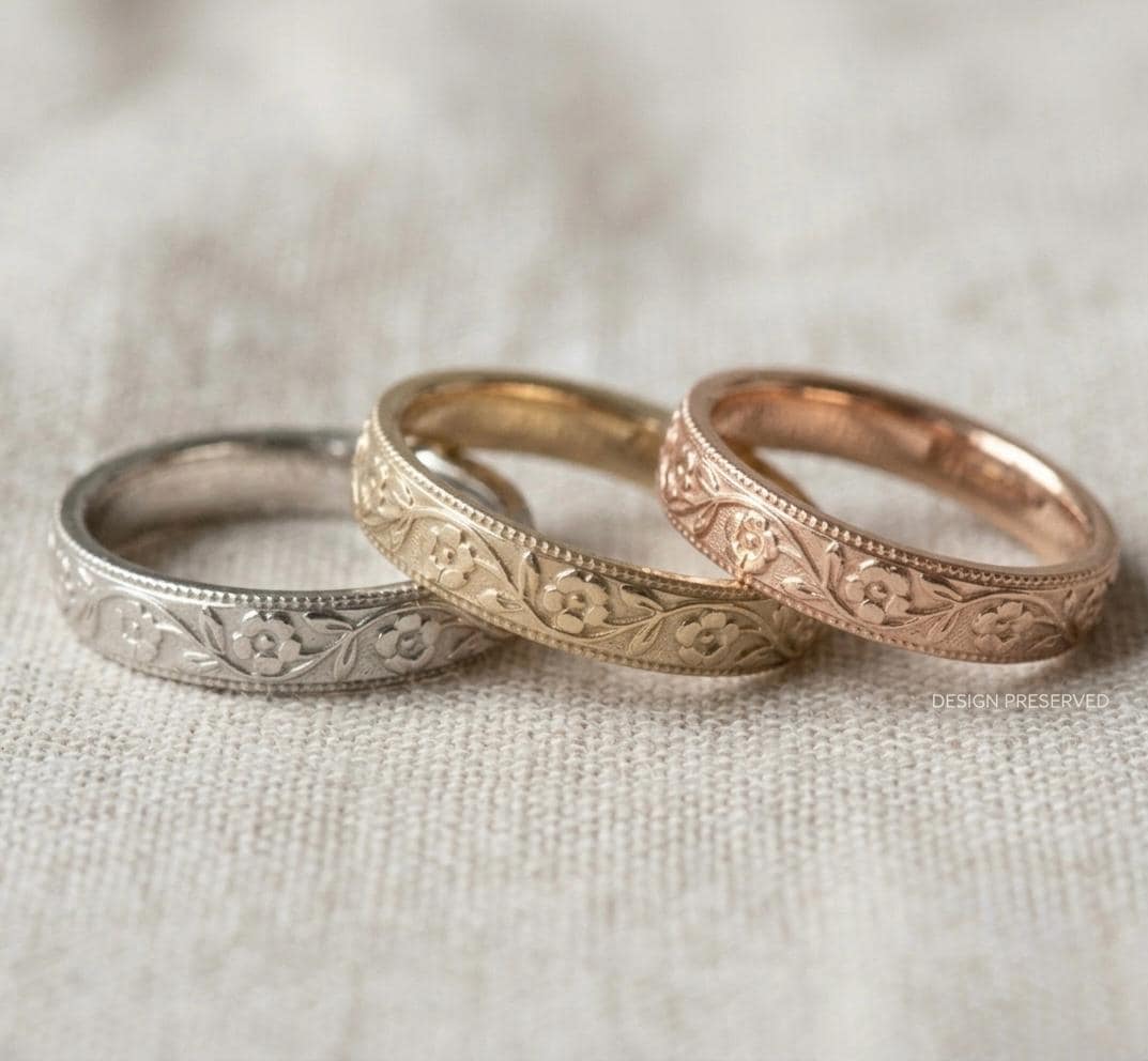 Vintage Floral Engraved Band, Gold Plated Sterling Silver, Minimalist Nature Ring