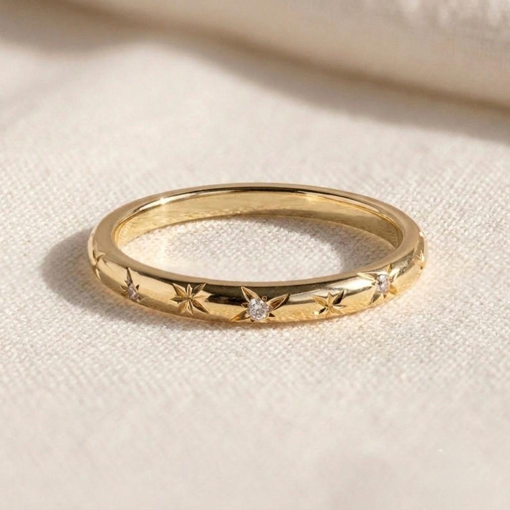 Moissanite Starburst Ring, 925 Sterling Silver Gold Band, Celestial Stacking Wedding Ring