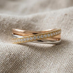 Moissanite Diamond Crossover Ring, Sterling Silver, Twisted Band, Mixed Metal Tones