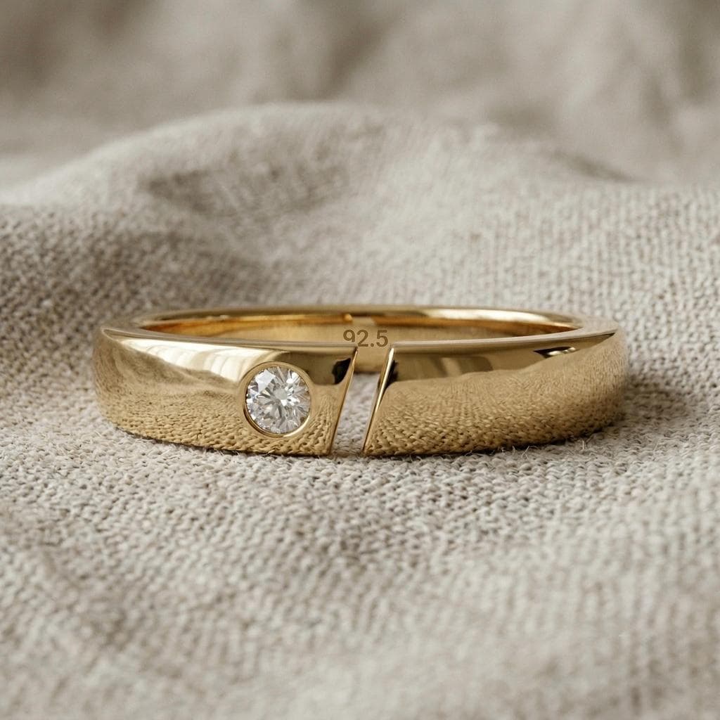 Moissanite Diamond Open Ring, Bezel Set, 925 Sterling Silver, Geometric Band