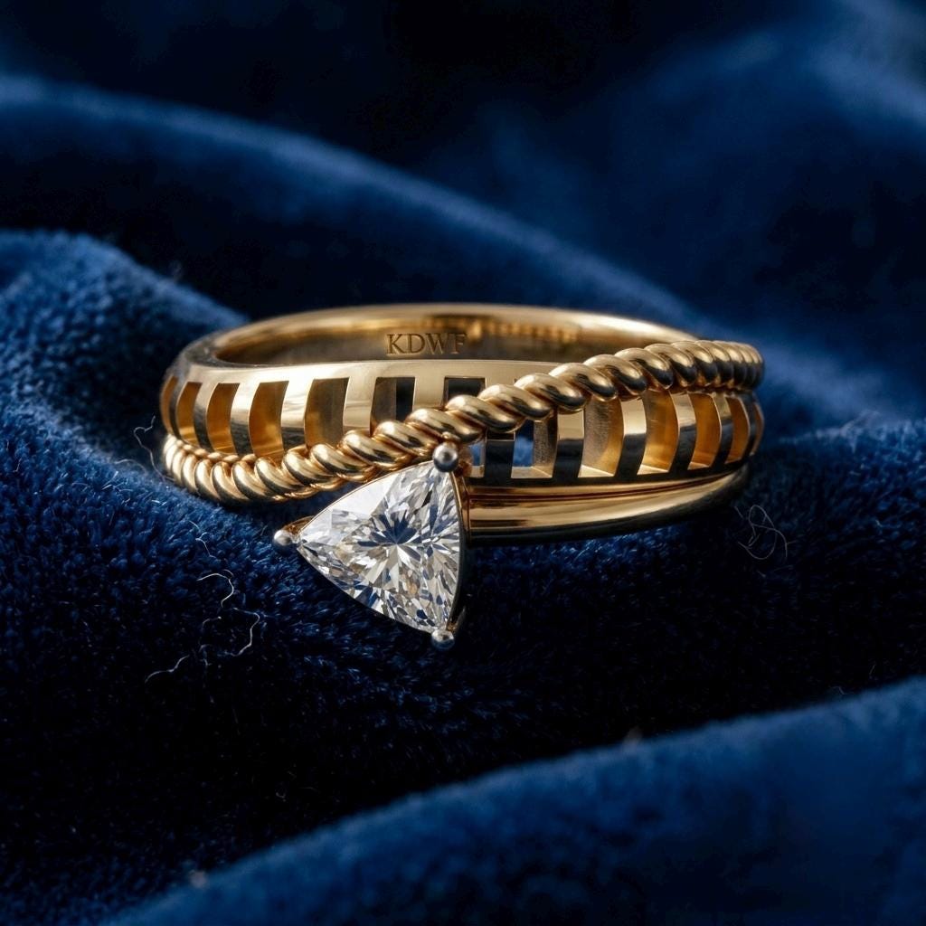 Trillion Cut Moissanite Ring, Gold Plated Sterling Silver, Twisted Rope Band Statement Ring