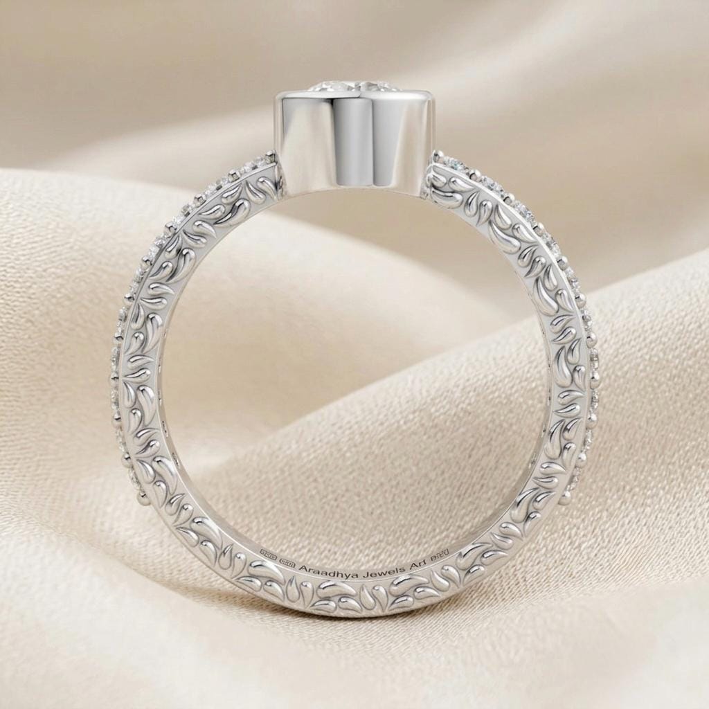 Round Moissanite Bezel Ring, Gold Plated Sterling Silver Pave Band Engagement Ring