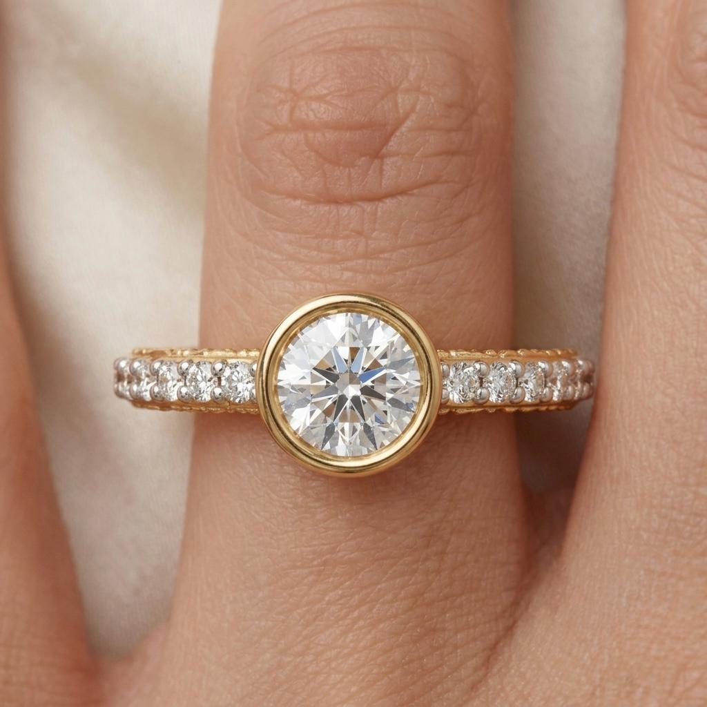 Round Moissanite Bezel Ring, Gold Plated Sterling Silver Pave Band Engagement Ring