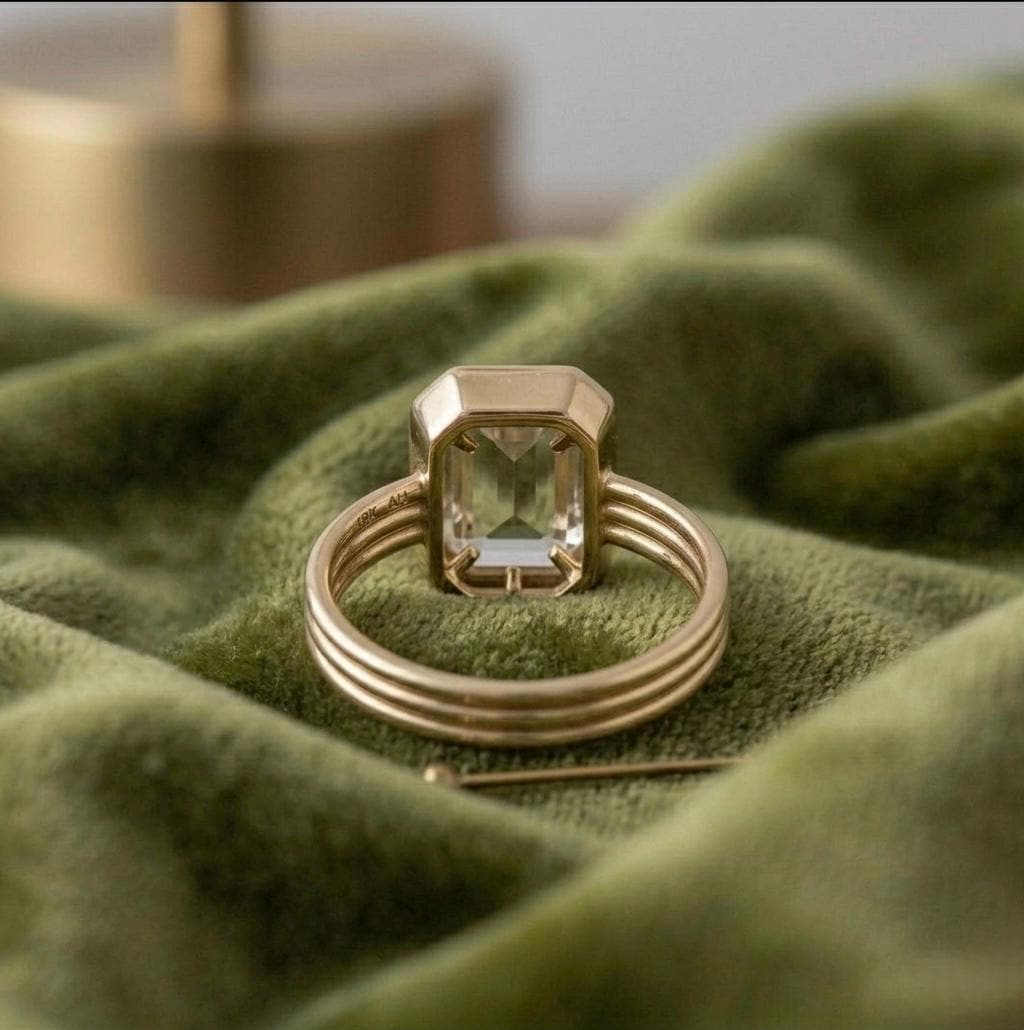 Natural Smoky Quartz Emerald Cut Ring, 925 Silver Triple Band Statement, Art Deco Style