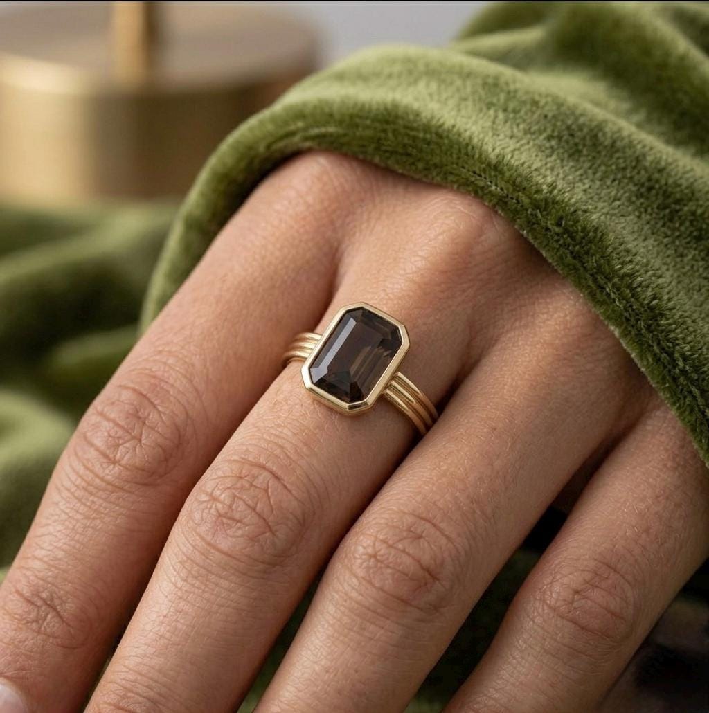 Natural Smoky Quartz Emerald Cut Ring, 925 Silver Triple Band Statement, Art Deco Style
