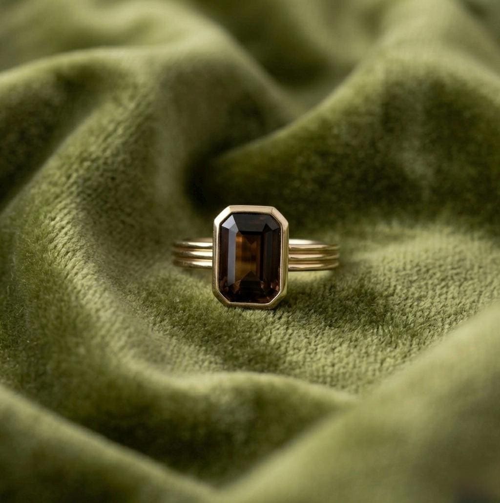 Natural Smoky Quartz Emerald Cut Ring, 925 Silver Triple Band Statement, Art Deco Style