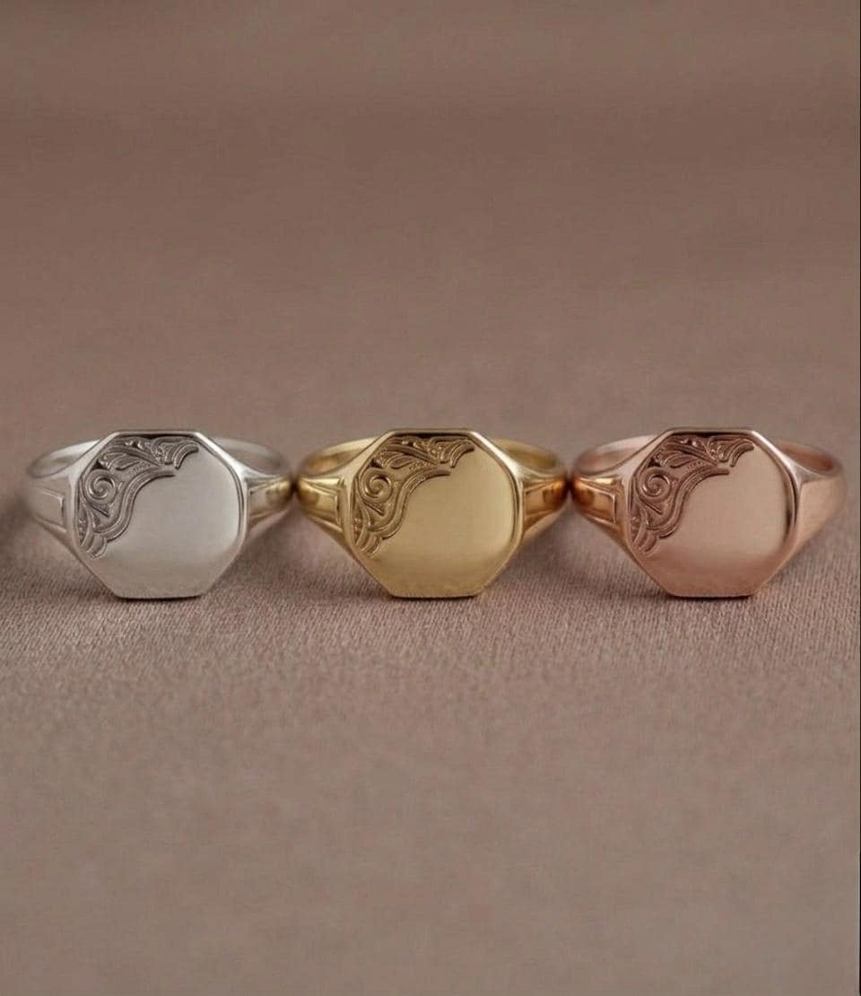 Gold Octagon Signet Ring, Engraved Scroll Pinky Ring, Vintage Geometric Statement