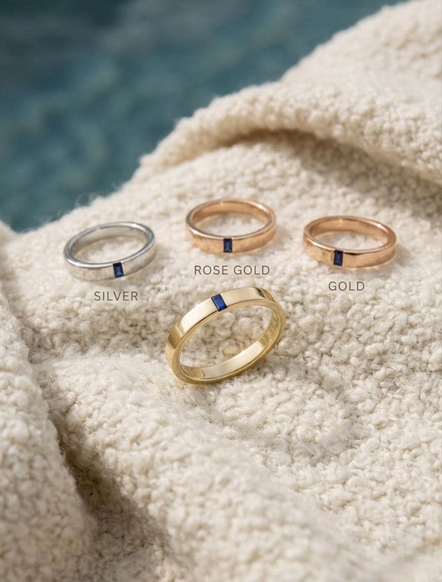 Baguette Blue Sapphire Ring, Gold Minimalist Band, Flush Set Geometric Stacking Band