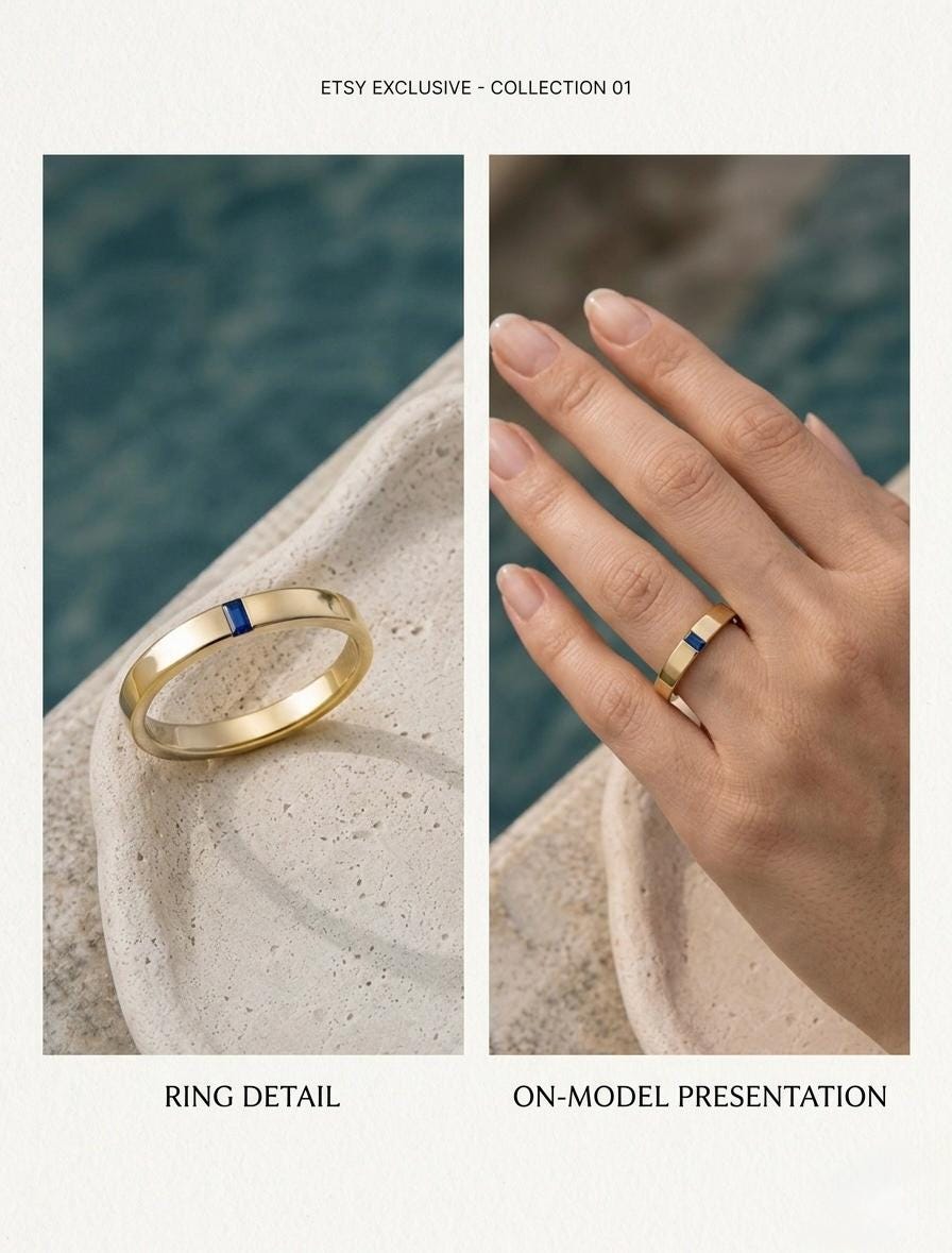 Baguette Blue Sapphire Ring, Gold Minimalist Band, Flush Set Geometric Stacking Band