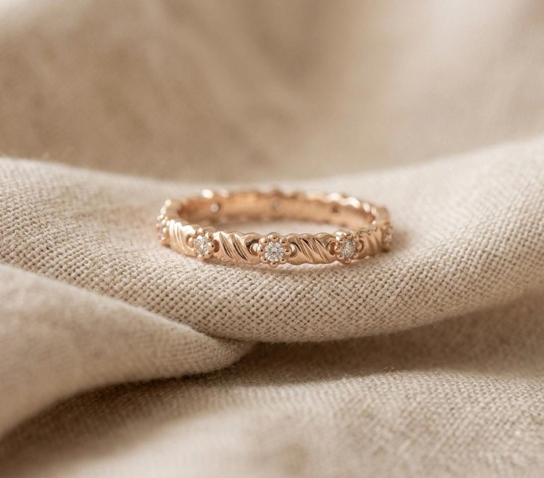 Vintage Floral Wedding Band, Twisted Rope Milgrain Moissanite Ring