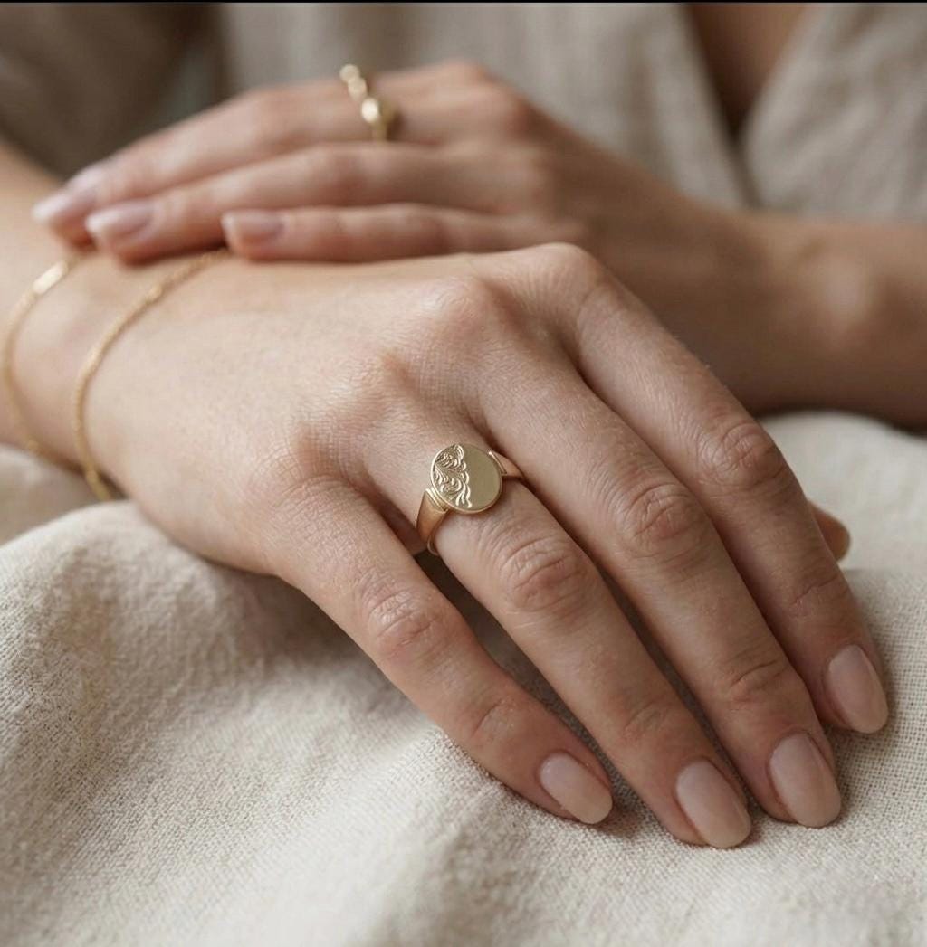 Vintage Style Gold Oval Signet Ring, Hand Engraved Floral Scroll, Minimalist Statement Jewelry
