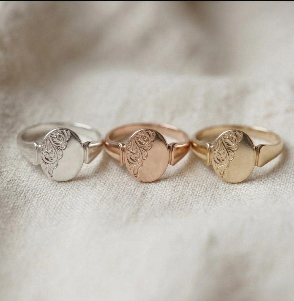 Vintage Style Gold Oval Signet Ring, Hand Engraved Floral Scroll, Minimalist Statement Jewelry