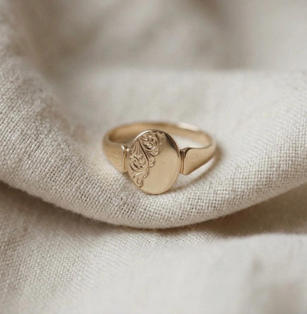Vintage Style Gold Oval Signet Ring, Hand Engraved Floral Scroll, Minimalist Statement Jewelry