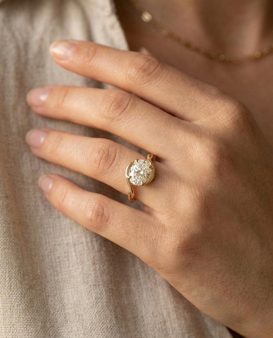 Oval Moissanite Bypass Ring, Twisted Vine Swirl Band, 925 Silver Gold Accent