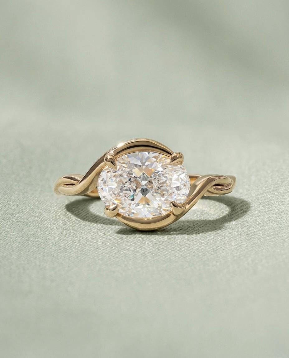Oval Moissanite Bypass Ring, Twisted Vine Swirl Band, 925 Silver Gold Accent