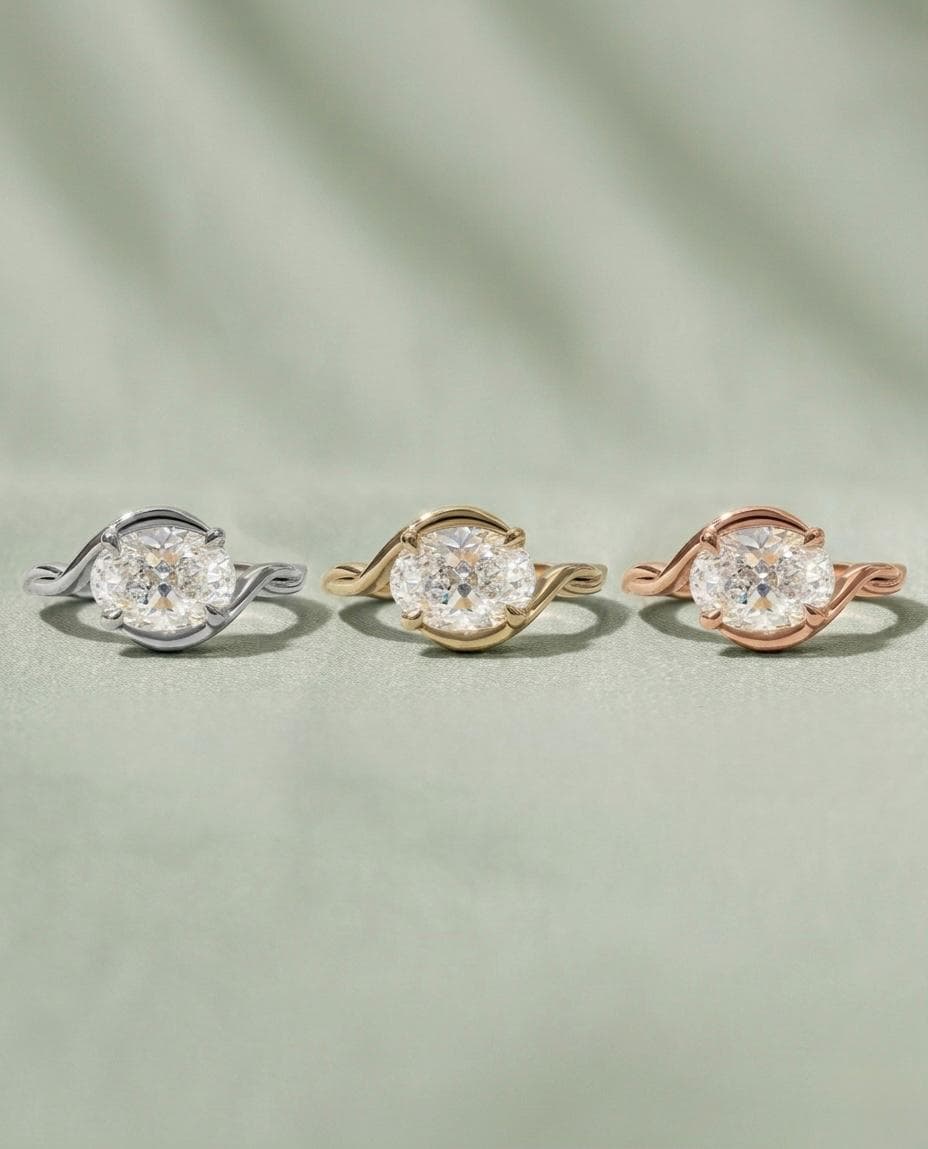 Oval Moissanite Bypass Ring, Twisted Vine Swirl Band, 925 Silver Gold Accent