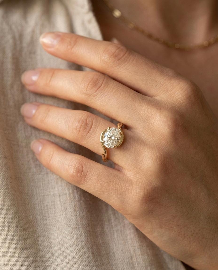 Oval Moissanite Bypass Ring, Twisted Vine Swirl Band, 925 Silver Gold Accent