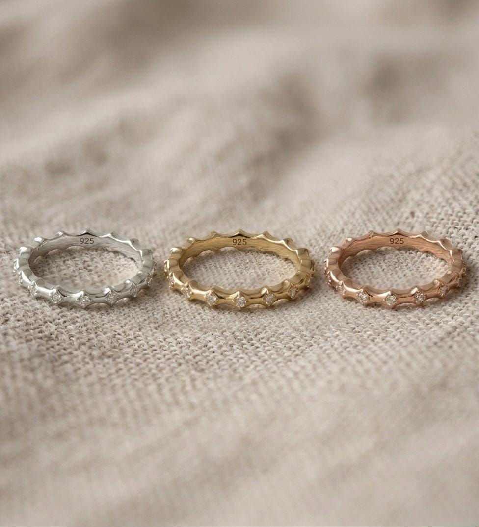 Textured Gold Eternity Band, 925 Sterling Silver, Scalloped CZ Stacking Ring