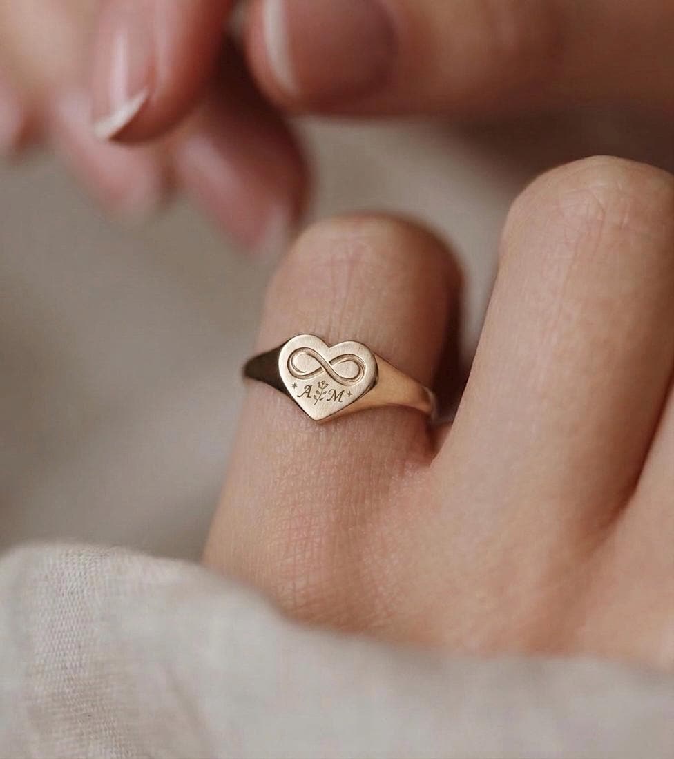 Custom Heart Signet Ring, Engraved 925 Sterling Silver Gold, Infinity Initial Couples Name