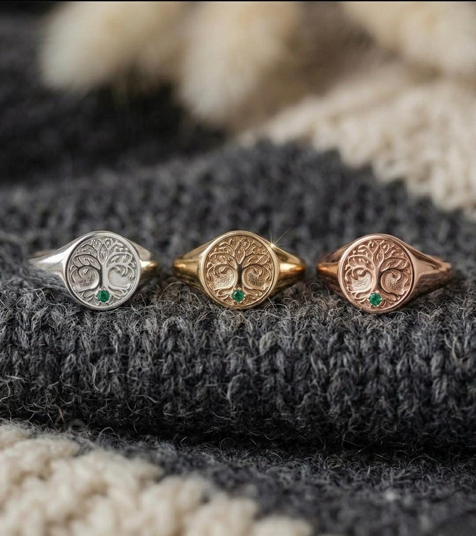 Tree of Life Signet Ring, Emerald Gold Celtic Family Ring, Oval Statement Jewelry
