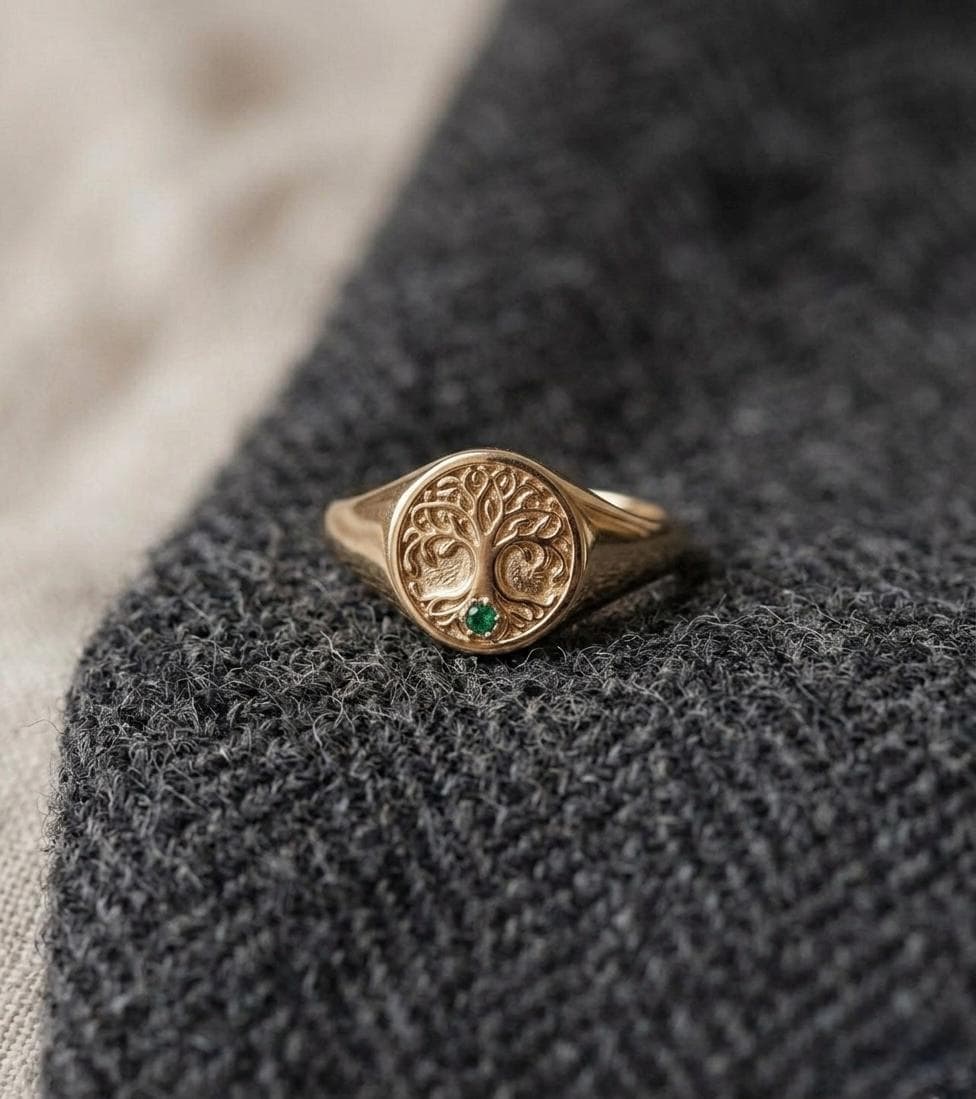 Tree of Life Signet Ring, Emerald Gold Celtic Family Ring, Oval Statement Jewelry
