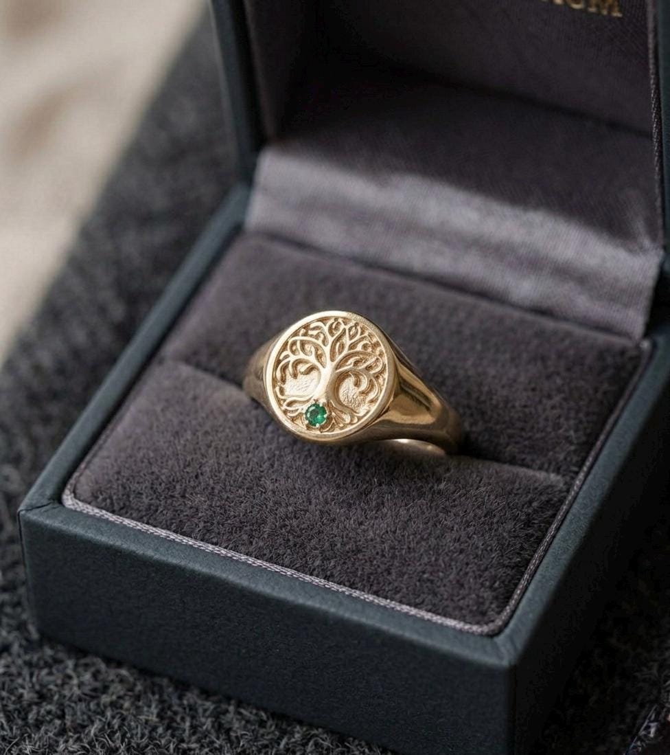 Tree of Life Signet Ring, Emerald Gold Celtic Family Ring, Oval Statement Jewelry