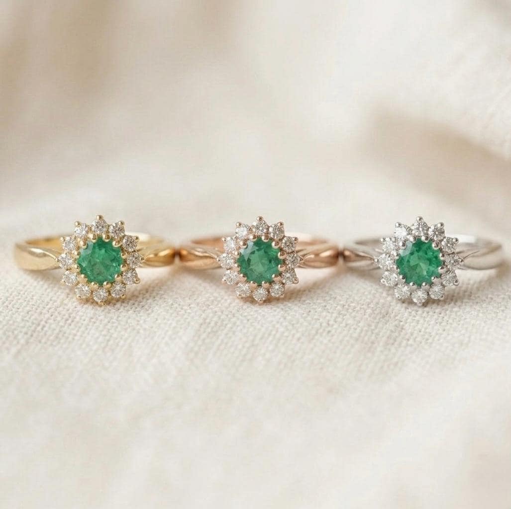 Vintage Emerald Floral Halo Ring, 925 Silver Gold Art Deco Moissanite