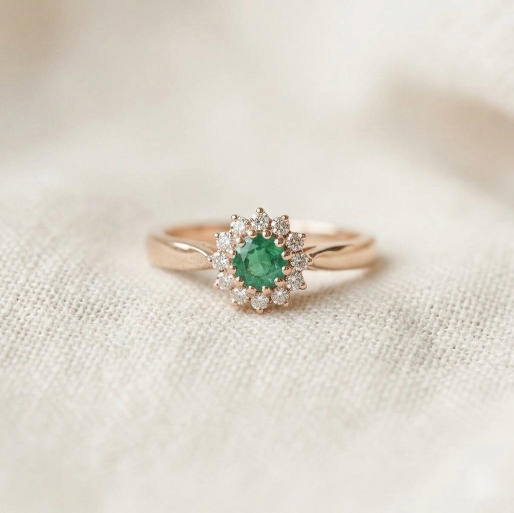 Vintage Emerald Floral Halo Ring, 925 Silver Gold Art Deco Moissanite