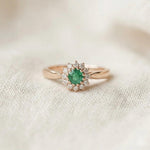 Vintage Emerald Floral Halo Ring, 925 Silver Gold Art Deco Moissanite