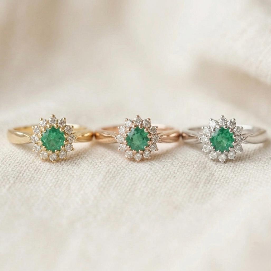 Vintage Emerald Floral Halo Ring, 925 Silver Gold Art Deco Moissanite