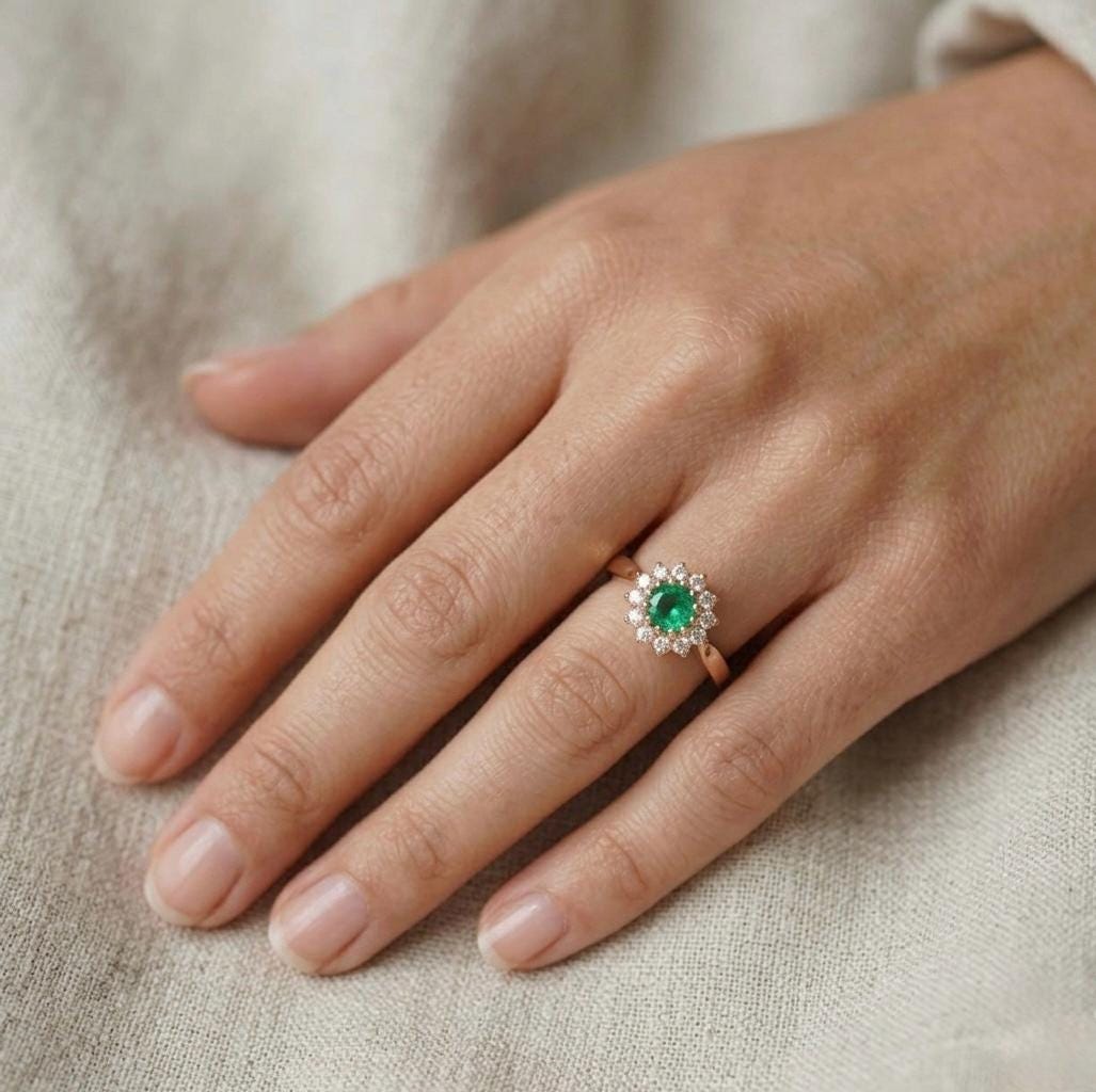 Vintage Emerald Floral Halo Ring, 925 Silver Gold Art Deco Moissanite