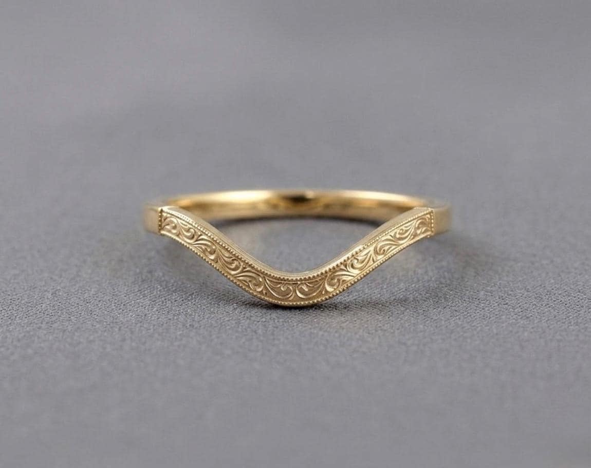 Curved Chevron Wedding Band, Hand Engraved Art Deco Ring, Vintage Milgrain Sterling Silver