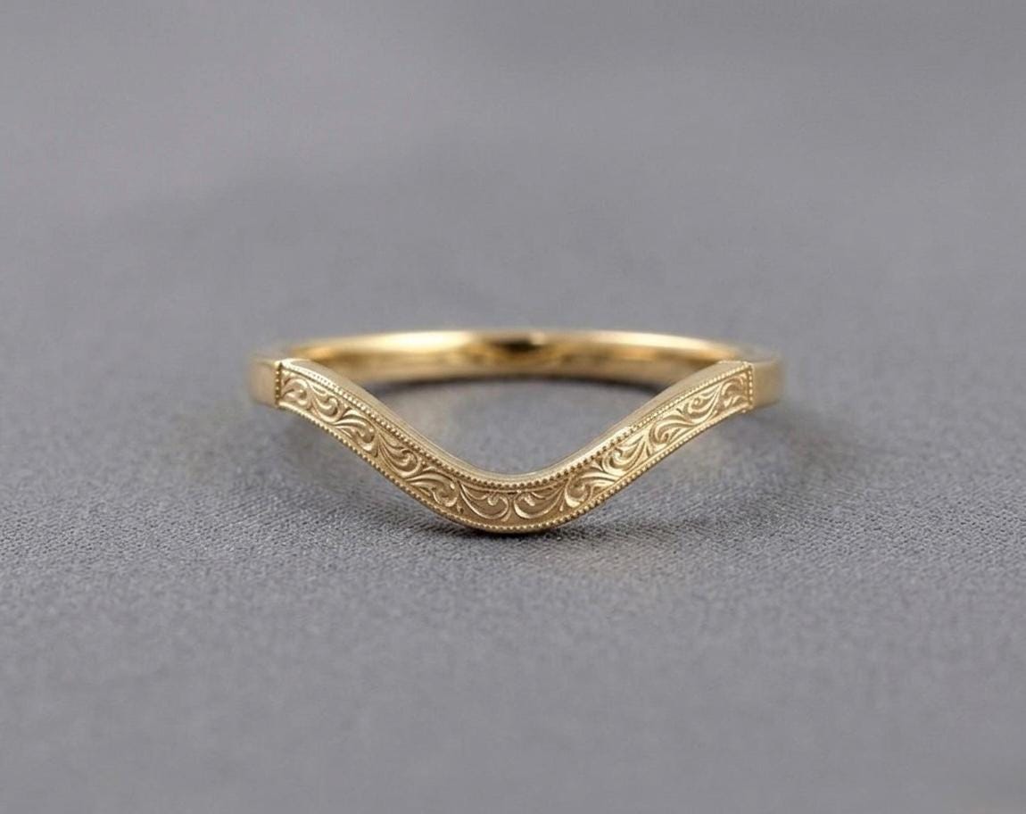 Curved Chevron Wedding Band, Hand Engraved Art Deco Ring, Vintage Milgrain Sterling Silver