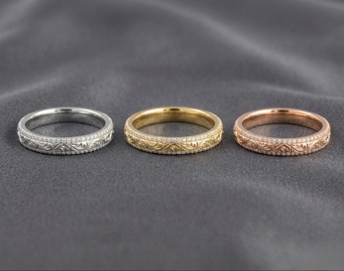 Vintage Filigree Wedding Band, Engraved Floral Eternity Ring, Antique Style Stacking Band