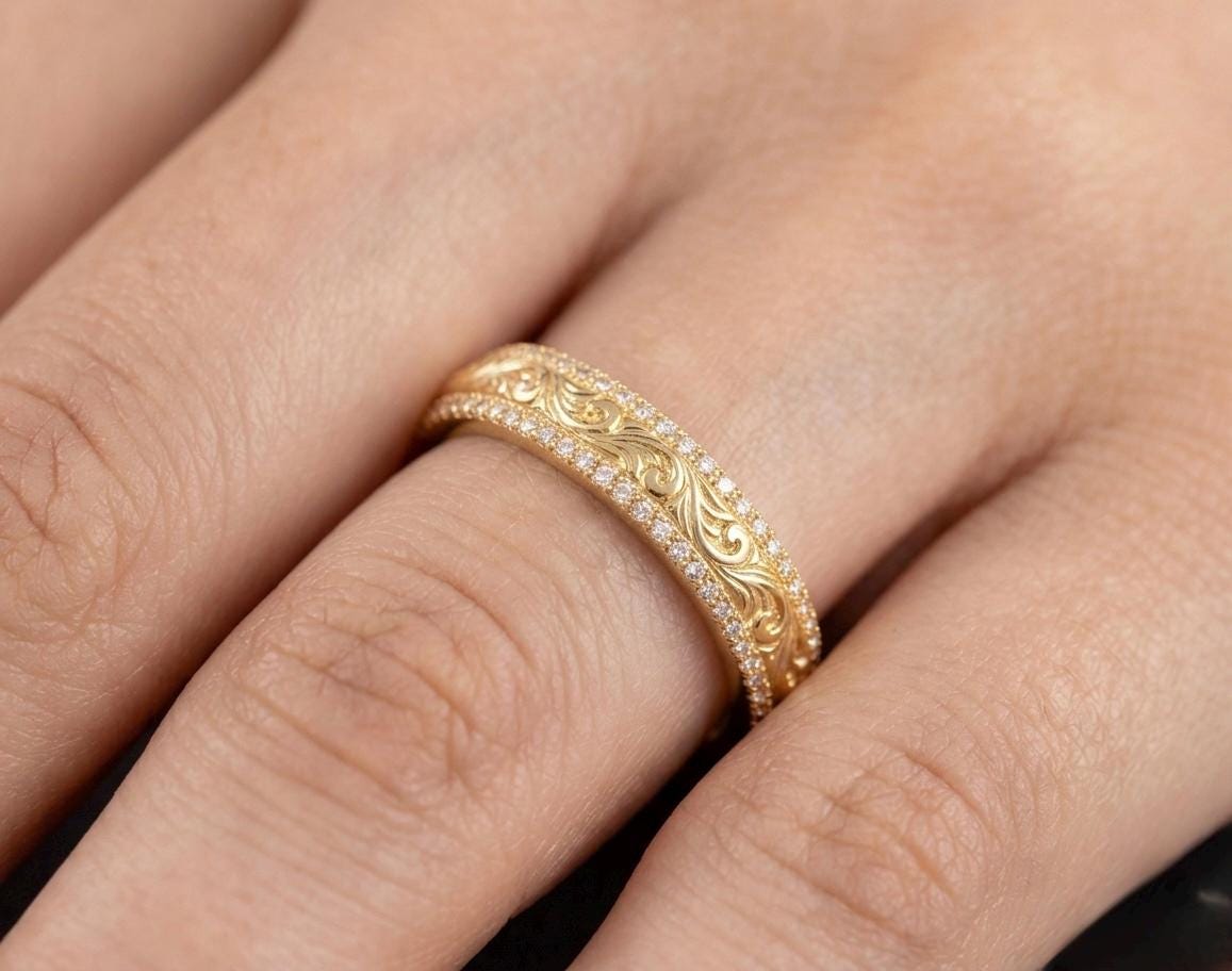 Vintage Filigree Wedding Band, Engraved Floral Eternity Ring, Antique Style Stacking Band