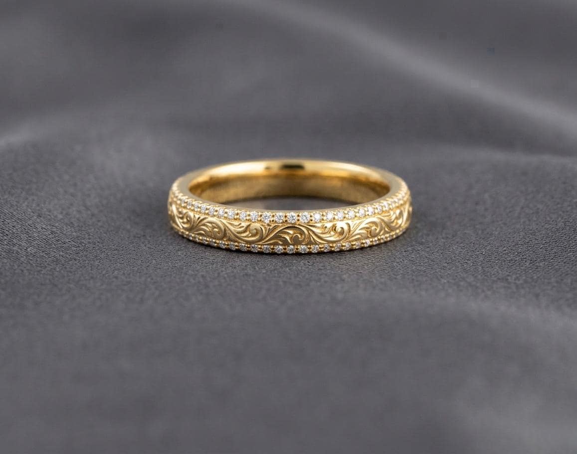 Vintage Filigree Wedding Band, Engraved Floral Eternity Ring, Antique Style Stacking Band
