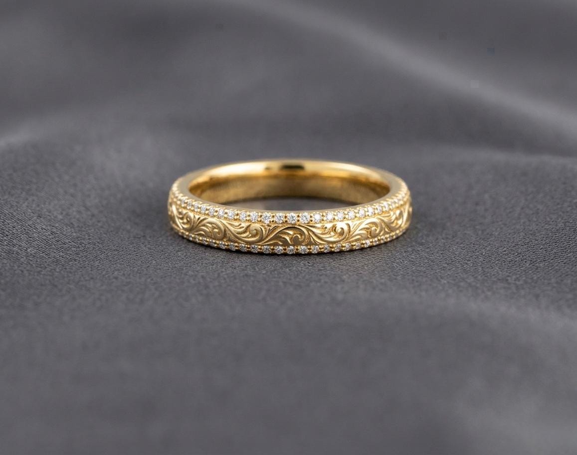 Vintage Filigree Wedding Band, Engraved Floral Eternity Ring, Antique Style Stacking Band