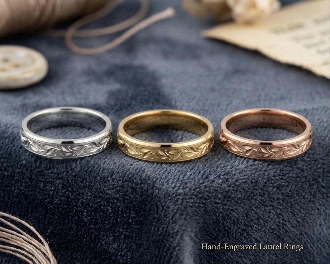 Matte Gold Olive Leaf Wedding Band, Engraved Botanical Nature Ring