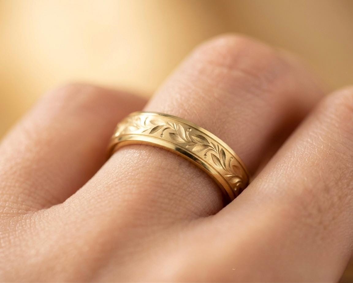 Matte Gold Olive Leaf Wedding Band, Engraved Botanical Nature Ring
