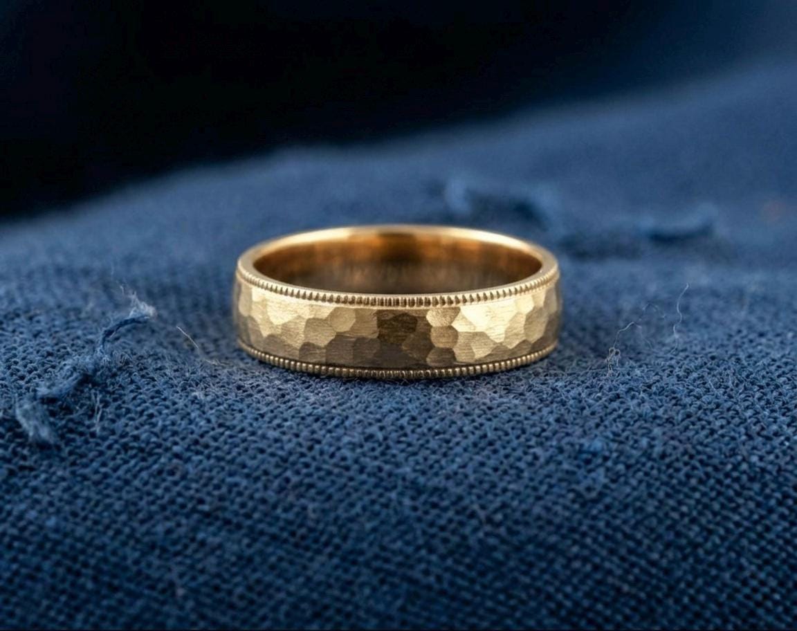 Hammered Gold Wedding Band, Milgrain Rustic Ring, Antique Matte Finish Unisex Promise